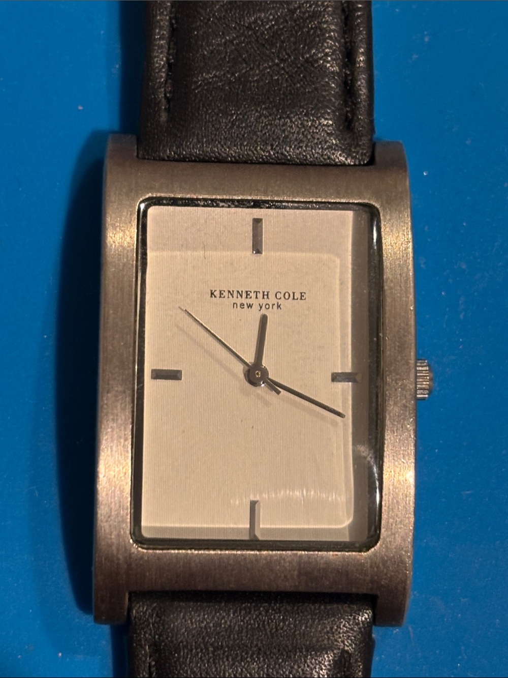 Kenneth Cole New York Silver-Tone Rectangular Watch with Black Leather Strap